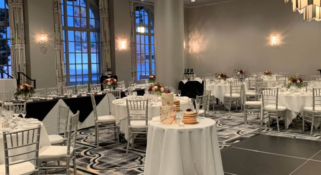 Tabels and chairs set up for a event in the Bellevue ball room at The Marker