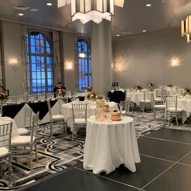 Tabels and chairs set up for a event in the Bellevue ball room at The Marker