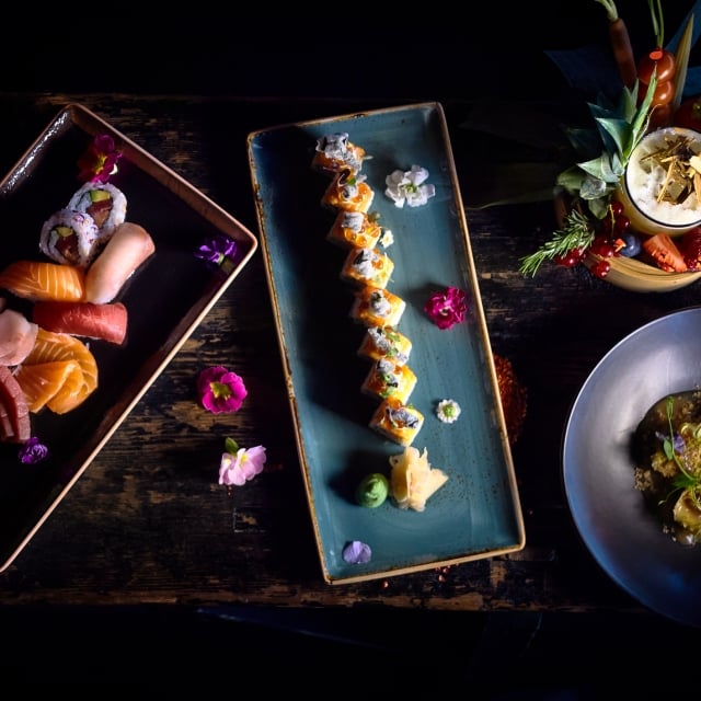 Overhead view of Asian food on plates